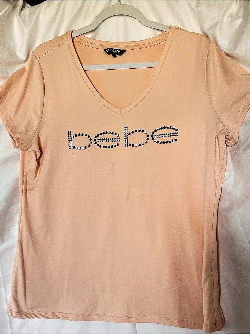 bebe sport Rhinestone Logo V-Neck T-Shirt Orange Large